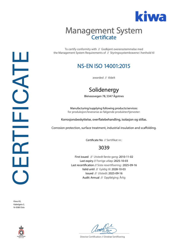 Certificate ISO 14001:2015, Solidenergy